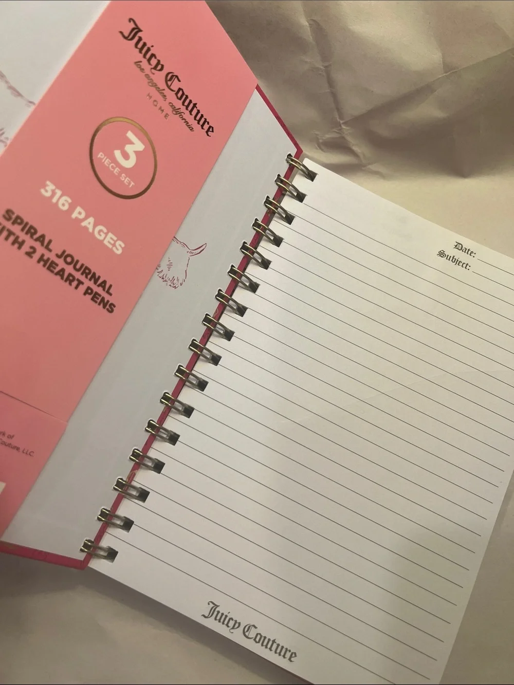 Juicy Couture Pink & Gold Heart Spiral Journal & Decorative Pen Duo